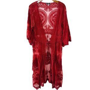 Vivid Collection Open Cardigan SZ M Red Crochet Lace Short Sleeve Top Boho Fall